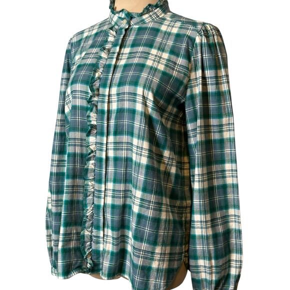 Loft green white plaid long sleeves ruffle button shirt size Small - Picture 5 of 16
